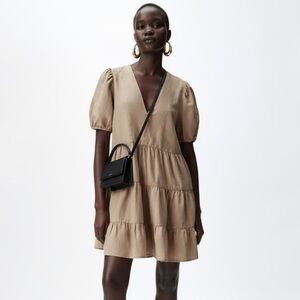 Zara Tan Puff Sleeve Linen Blend Tiered Mini Babydoll V Neck Dress Medium